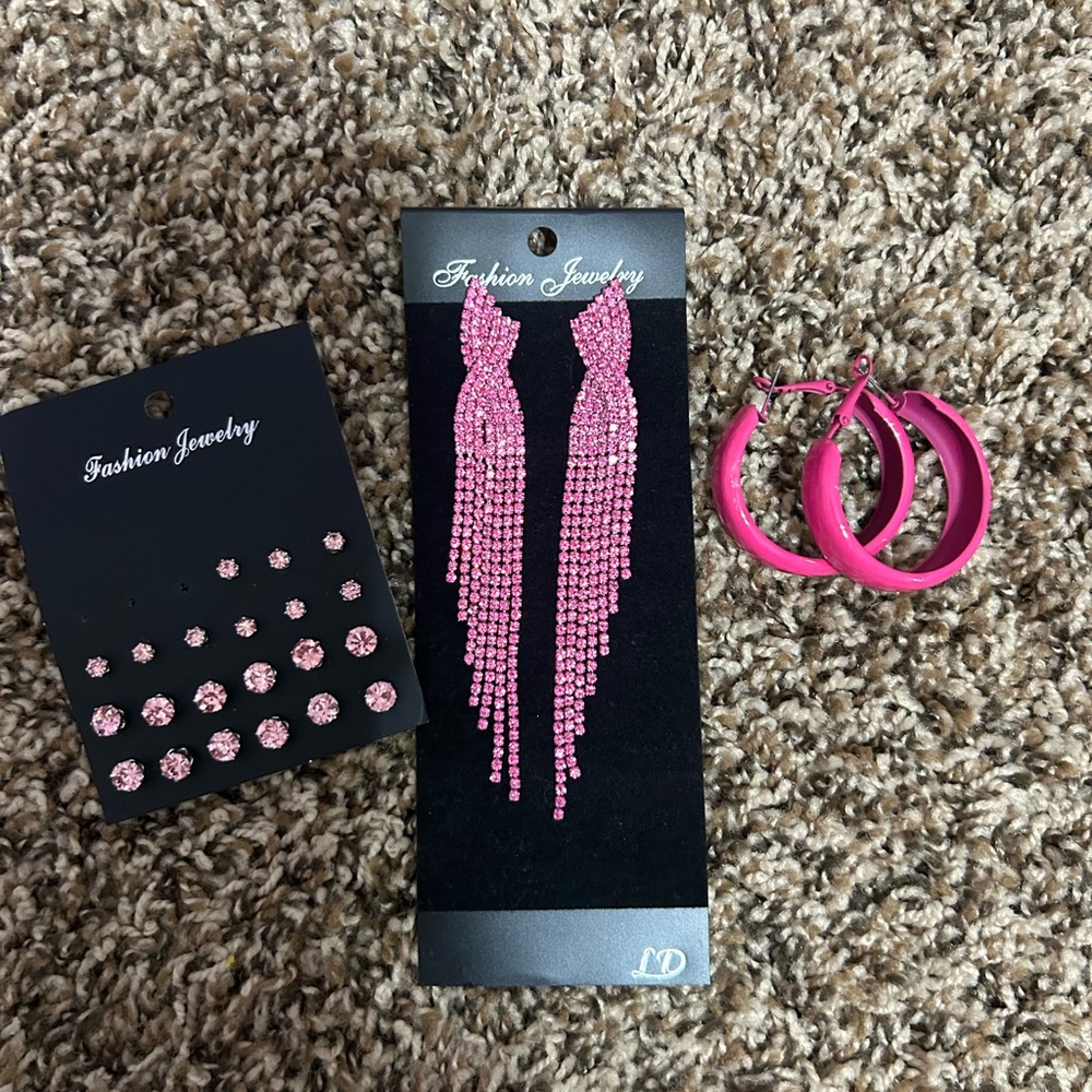 Fashion Jewelry Hot Pink Chandelier & Hoop Earring Set
